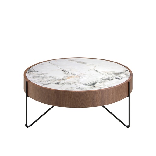 [2138] Table basse ronde en marbre porcelaine, noyer et acier noir