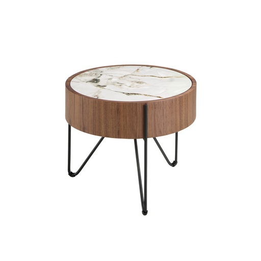 [2139] Table d'angle ronde en marbre porcelaine, noyer et acier noir