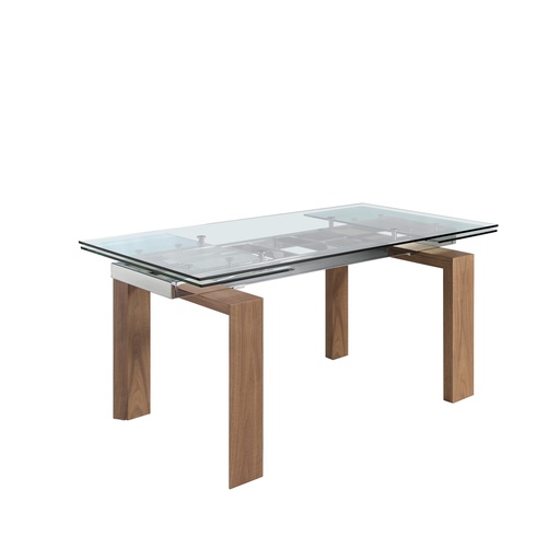 [1007] Mesa comedor extensible rectangular cristal templado y nogal