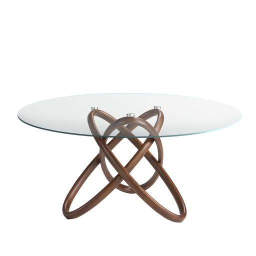 [1020-Ø140] Round tempered glass and walnut dining table