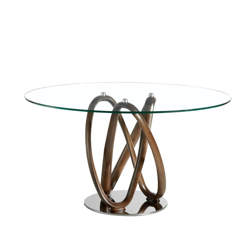 [1021-Ø130] Round tempered glass and walnut dining table