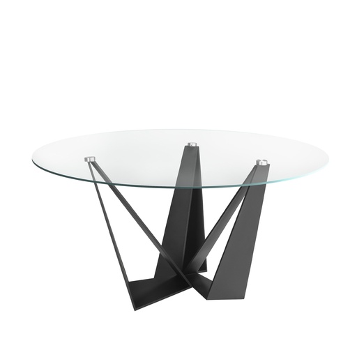 [1045] Round tempered glass and black steel dining table