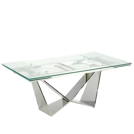 [1027] Rectangular tempered glass and chrome-plated steel extending dining table