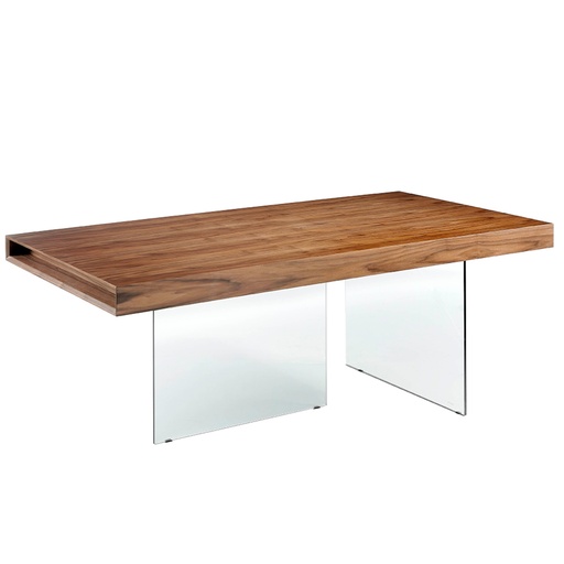 [1028] Mesa comedor rectangular nogal y cristal templado