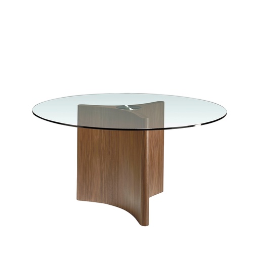 [1094] Round tempered glass and walnut dining table