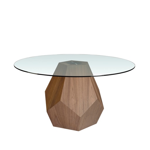 [1093] Round tempered glass and walnut dining table