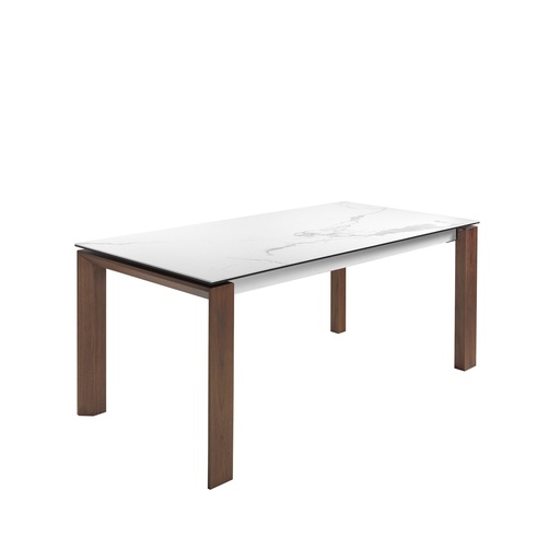 [1095] Mesa de jantar extensível retangular mármore porcelânico e nogueira