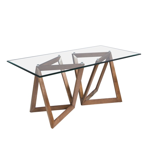 [1102] Rectangular tempered glass and walnut dining table