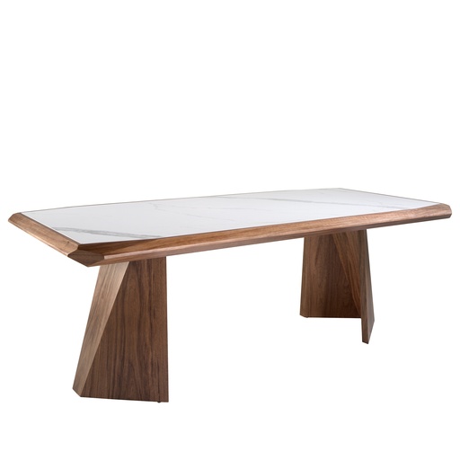 [1106] Mesa comedor rectangular mármol porcelánico y nogal