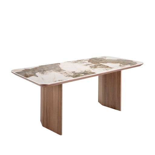 [1129] Rectangular porcelain marble and walnut dining table