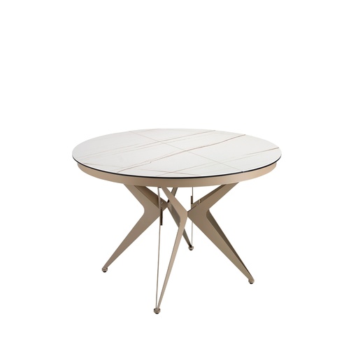 [1119] Round porcelain marble and champagne-coloured steel extending dining table