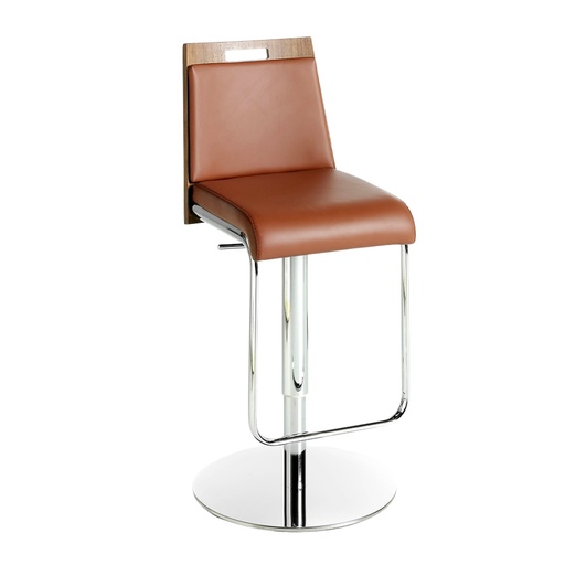 [4072] Tabouret pivotant en similicuir marron et noyer