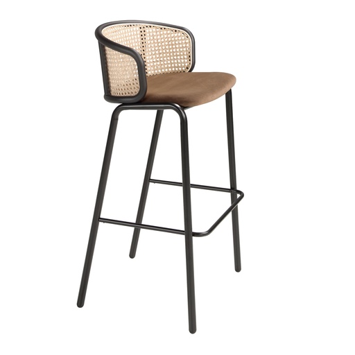 [4128] Rattan and brown velvet stool