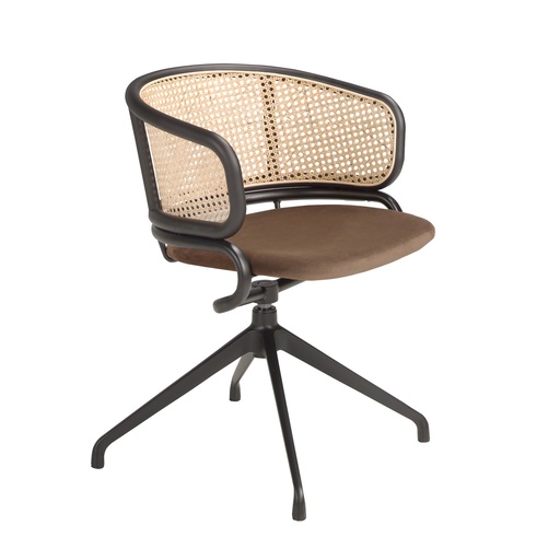 [4129] Rattan and brown velvet swivel chair