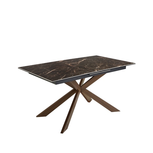 [1121] Rectangular porcelain marble and walnut effect steel extending dining table