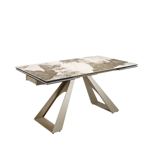 [1117] Rectangular porcelain marble and champagne-coloured steel extending dining table