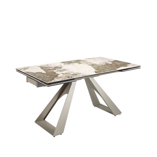 [1117] Table de salle à manger rectangulaire à rallonge en marbre porcelaine et acier gris taupe