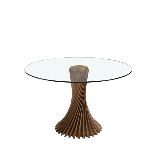 [1127] Round tempered glass and walnut dining table