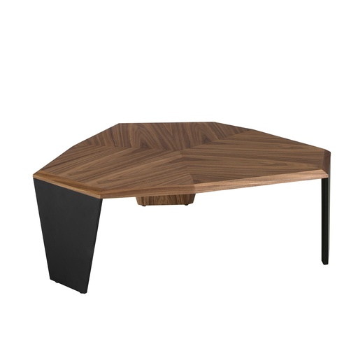 [2136] Asymmetrical walnut and black pvc coffee table