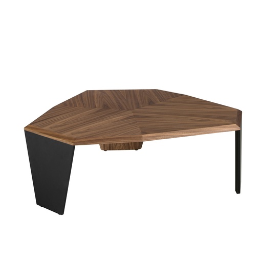[2136] Asymmetrische salontafel in walnoot en zwart pvc