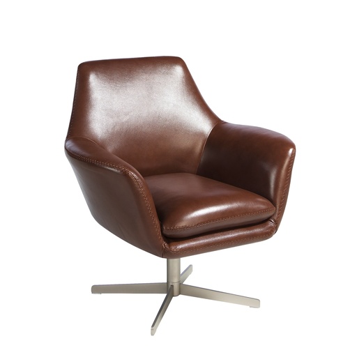 [5093] Fauteuil pivotant en cuir brun cognac