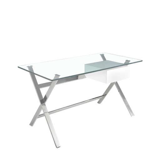 [3255] White wood and chrome-plated steel desk with tempered glass top