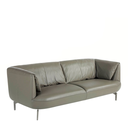 [6037] Grey leather 3 seater sofa