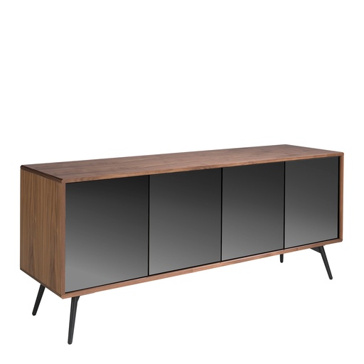 [3061] Credenza in vetro nero a specchio, noce e acciaio nero