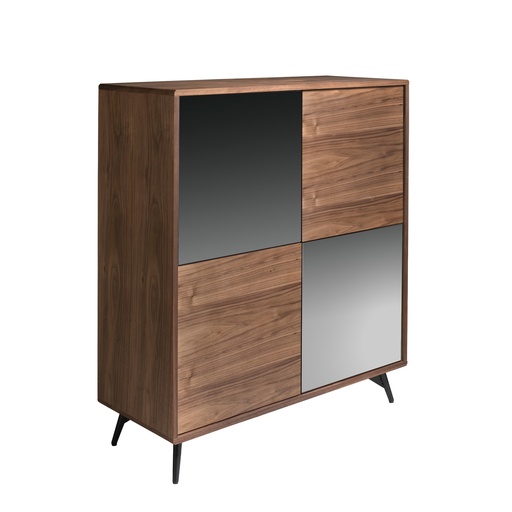 [3059] Credenza alta in vetro nero effetto specchio, noce e acciaio nero