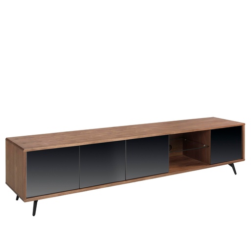 [3048] Mirror effect black glass, walnut and black steel TV unit