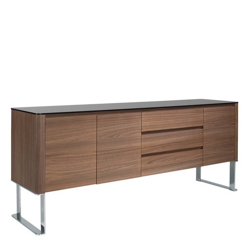 [3060] Sideboard walnut, chrome-plated steel and black glass top