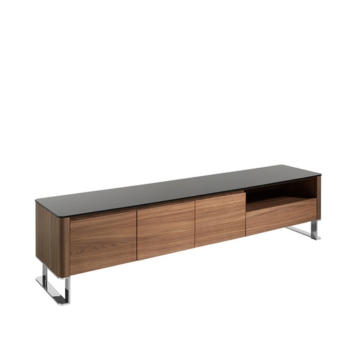 [3047] TV unit walnut, chrome-plated steel and black glass top