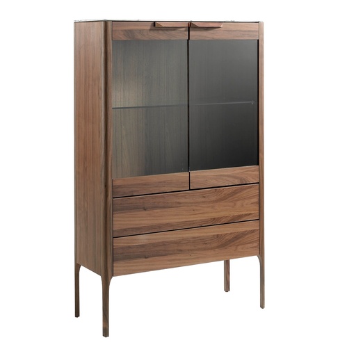 [3075] Walnut high sideboard with imitation marble glass top and interior lighting