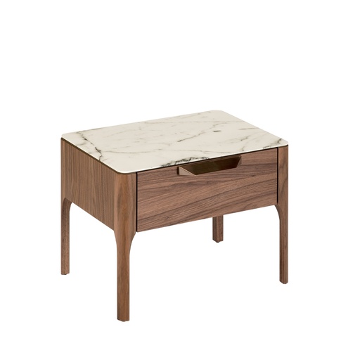 [7038] Walnut bedside table with imitation marble glass top and interior lighting