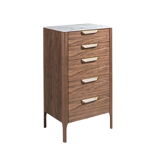 [7039] Notenhouten chiffonier met glazen blad in marmerlook