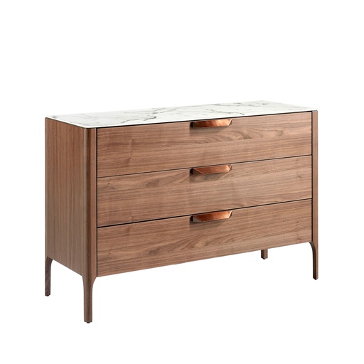 [7044] Walnut chest of drawers with marble-effect glass top