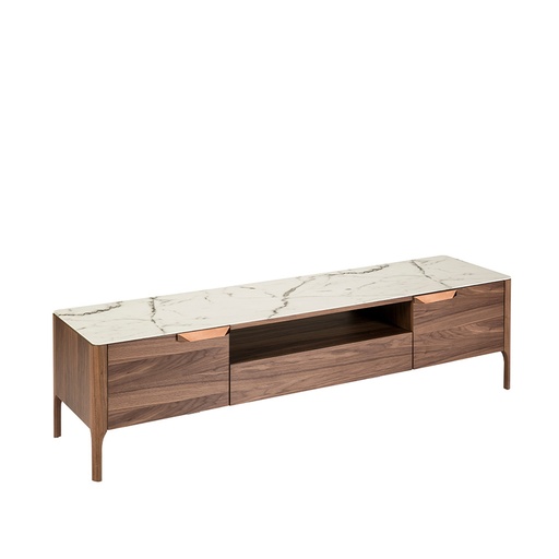 [3078] Walnut TV stand with imitation marble glass top