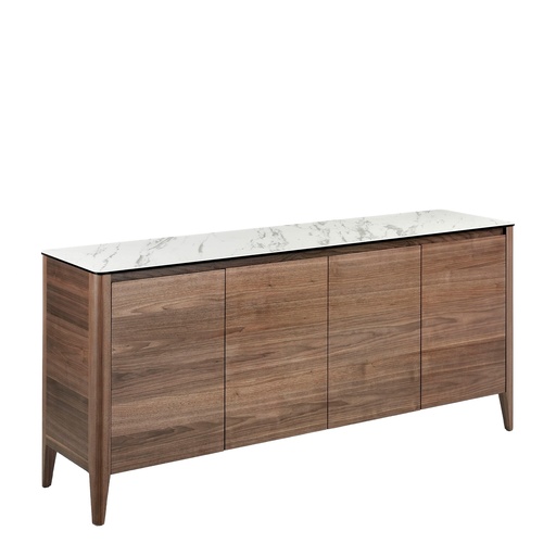 [3080] Sideboard aus Nussbaumholz mit Glasplatte in Marmorimitation