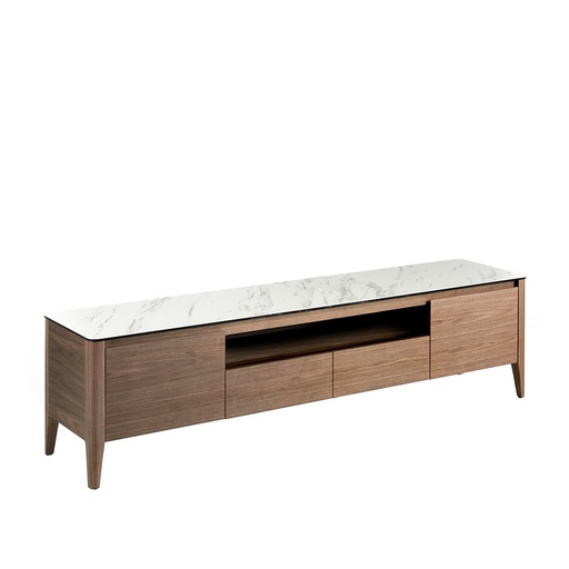 [3083] Walnut TV stand with glass top imitation marble