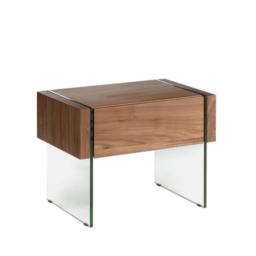 [7042] Walnut and tempered glass bedside cabinet