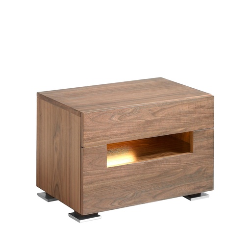 [7065] Bedside table walnut and polished steel with interior lighting