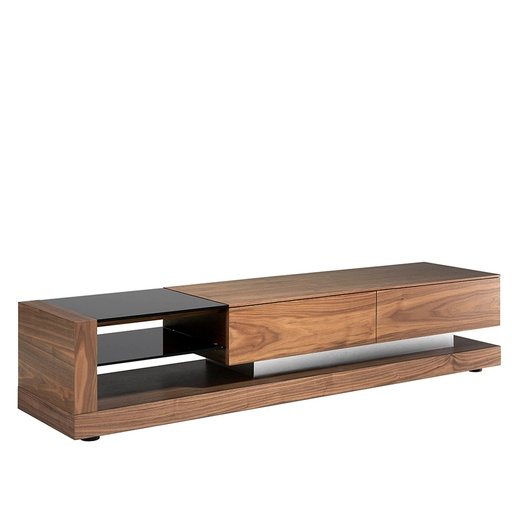 [3139] TV cabinet walnut, polished steel and black glass top