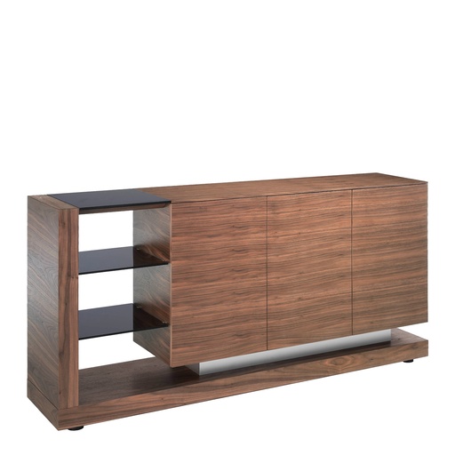 [3140] Sideboard walnut, brushed steel and black glass top