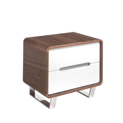 [7107] Bedside table white wood, walnut and chrome plated steel