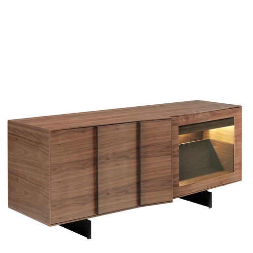 [3218] Walnut and black steel sideboard with interior lighting