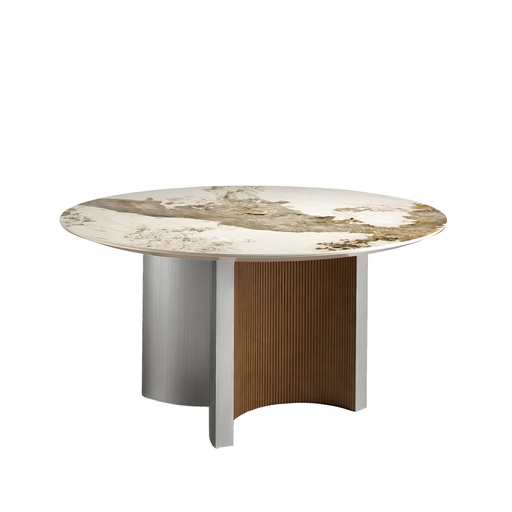 [1148] Round dining table in porcelain marble, walnut and silver-coloured wood