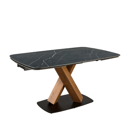 [1149] Mesa de jantar oval extensível com mármore porcelânico e barril em nogueira