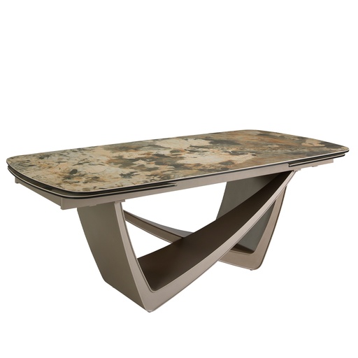 [1152] Oval extending dining table oval barrel porcelain marble and taupe metallic steel