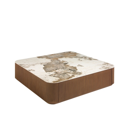 [2140] Table basse carrée en porcelaine, marbre et noyer