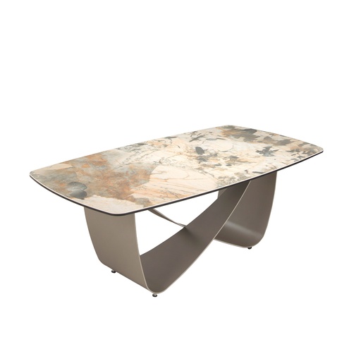 [2144] Mesa centro ovalada barril mármol porcelánico y acero taupé metalizado